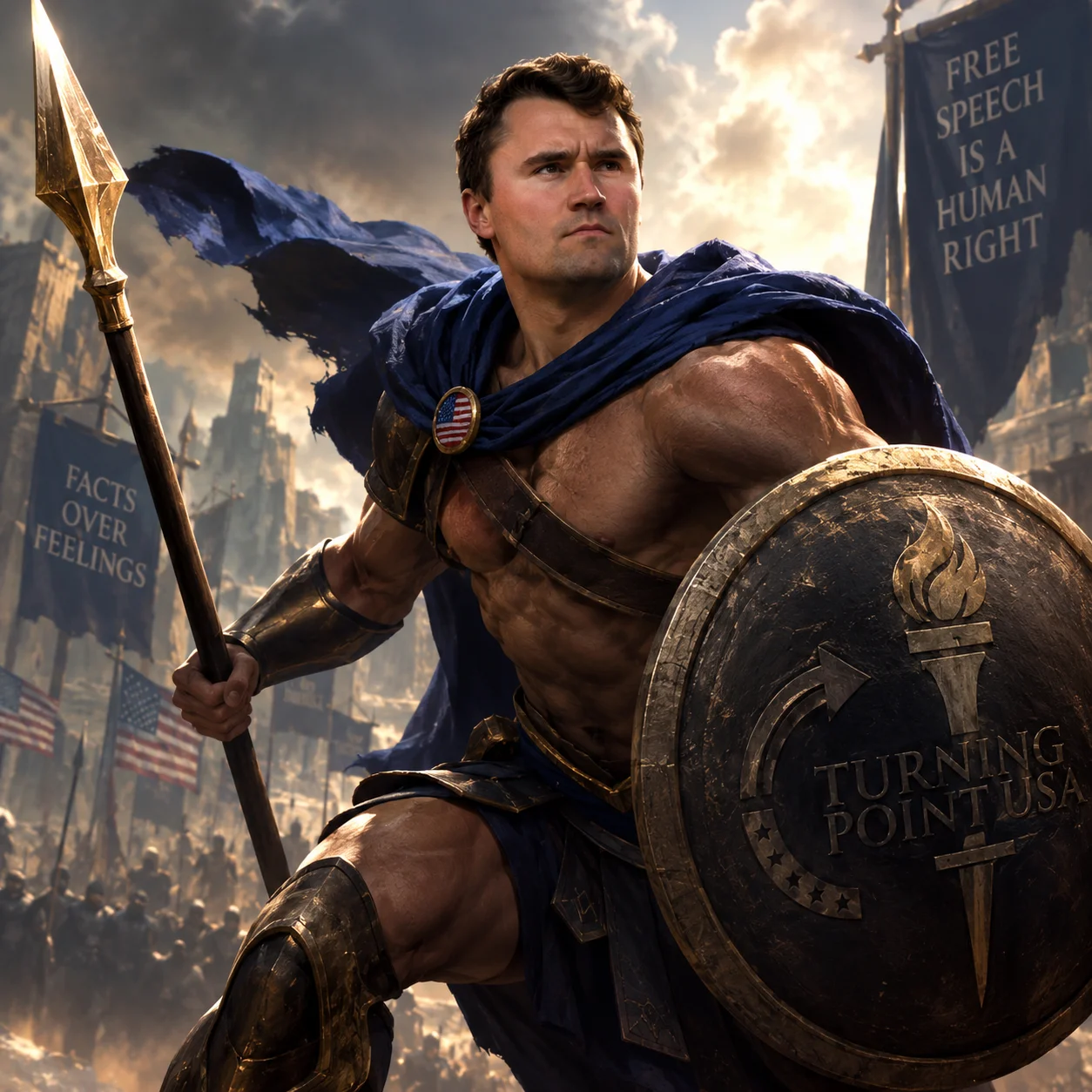 A man in a blue cape and a blue cape holding a spear