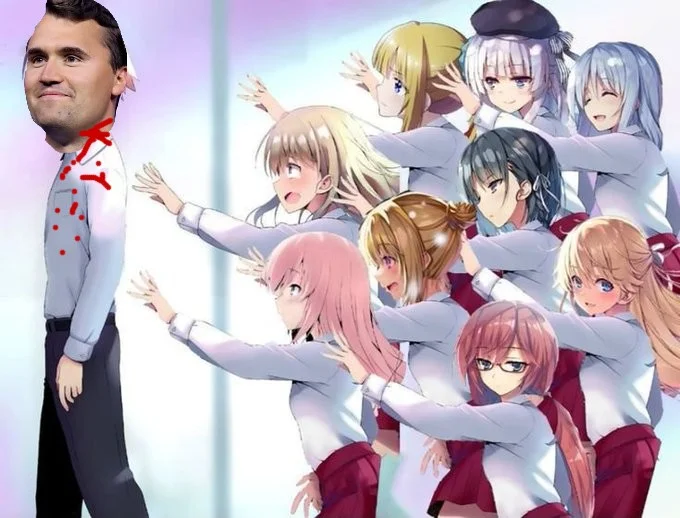 A man in a suit and tie standing next to a group of anime characters
