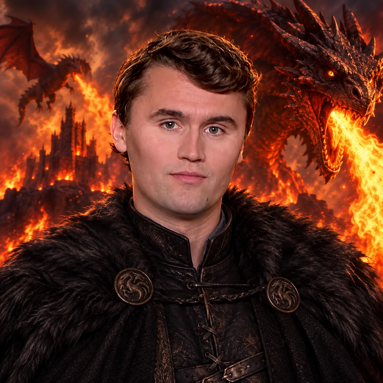 A man in a black coat with a dragon on his shoulder