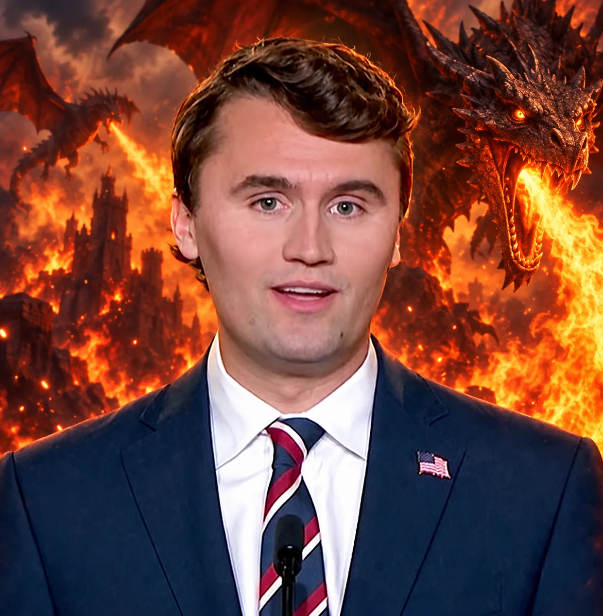 A man in a suit and tie standing in front of a fire