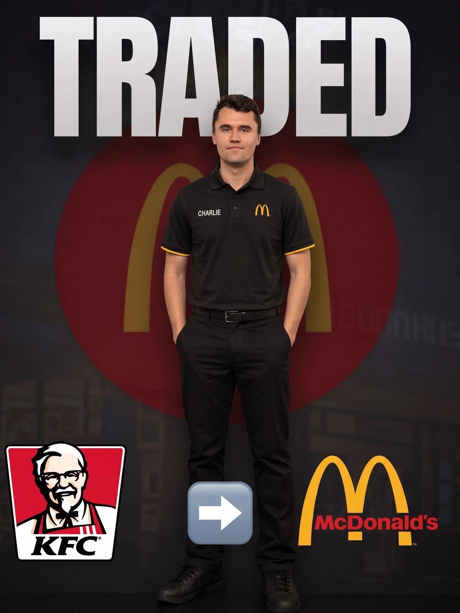 A man in a black shirt and black pants standing in front of a mcdonald logo