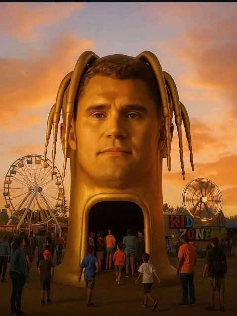 A man with a large head in front of a ferris