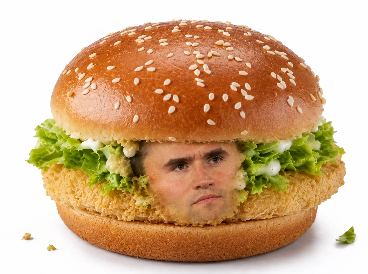 A man with a hamburger on his head