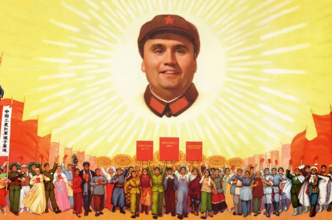 A painting of a man in a red cap and a crowd of people