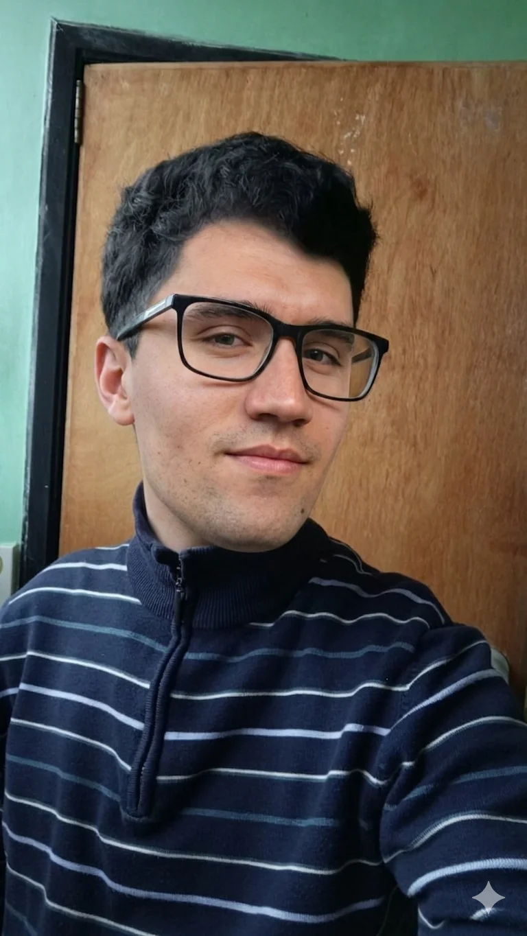 A man wearing glasses and a striped sweater