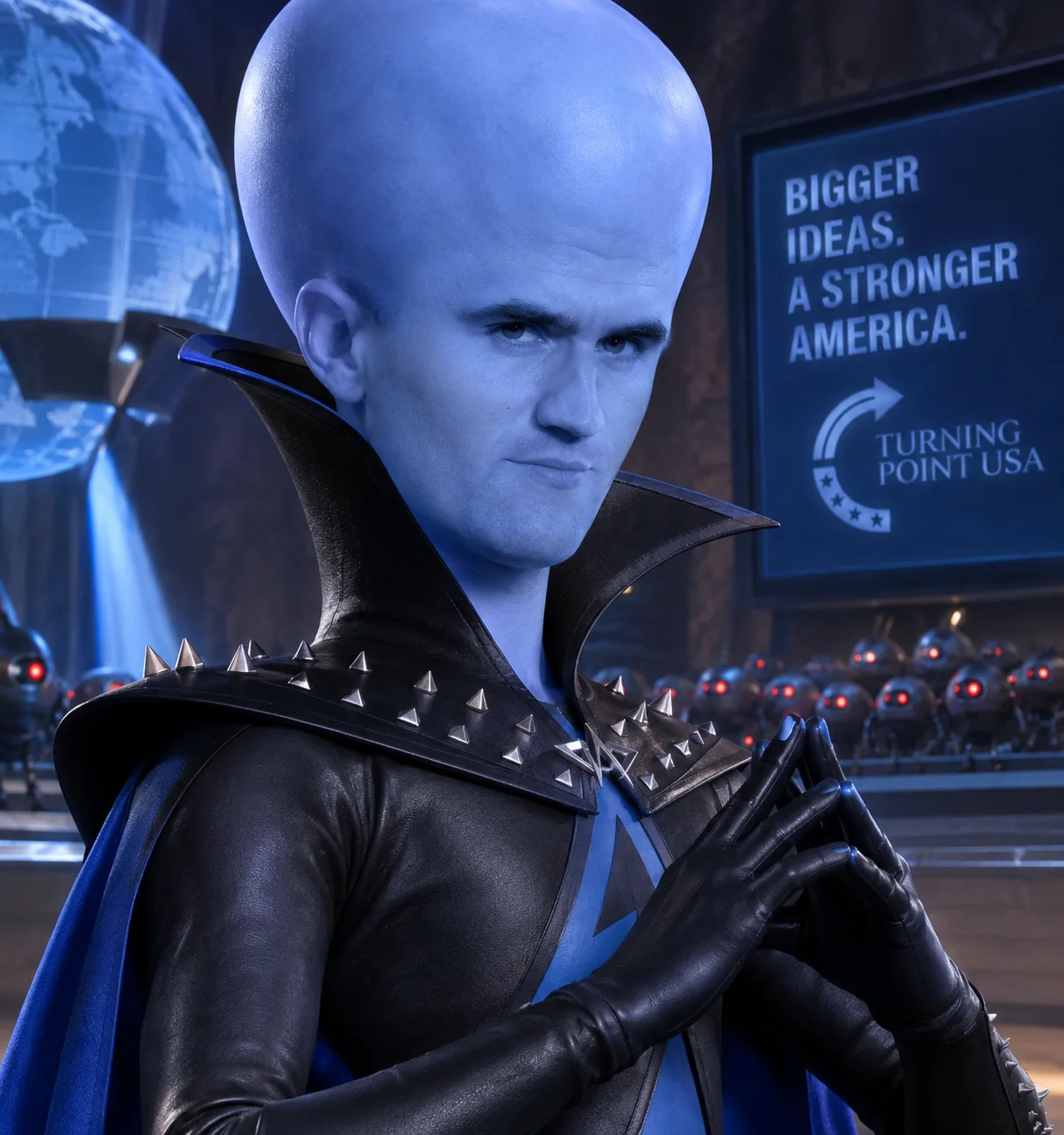 A man in a blue cape and black gloves
