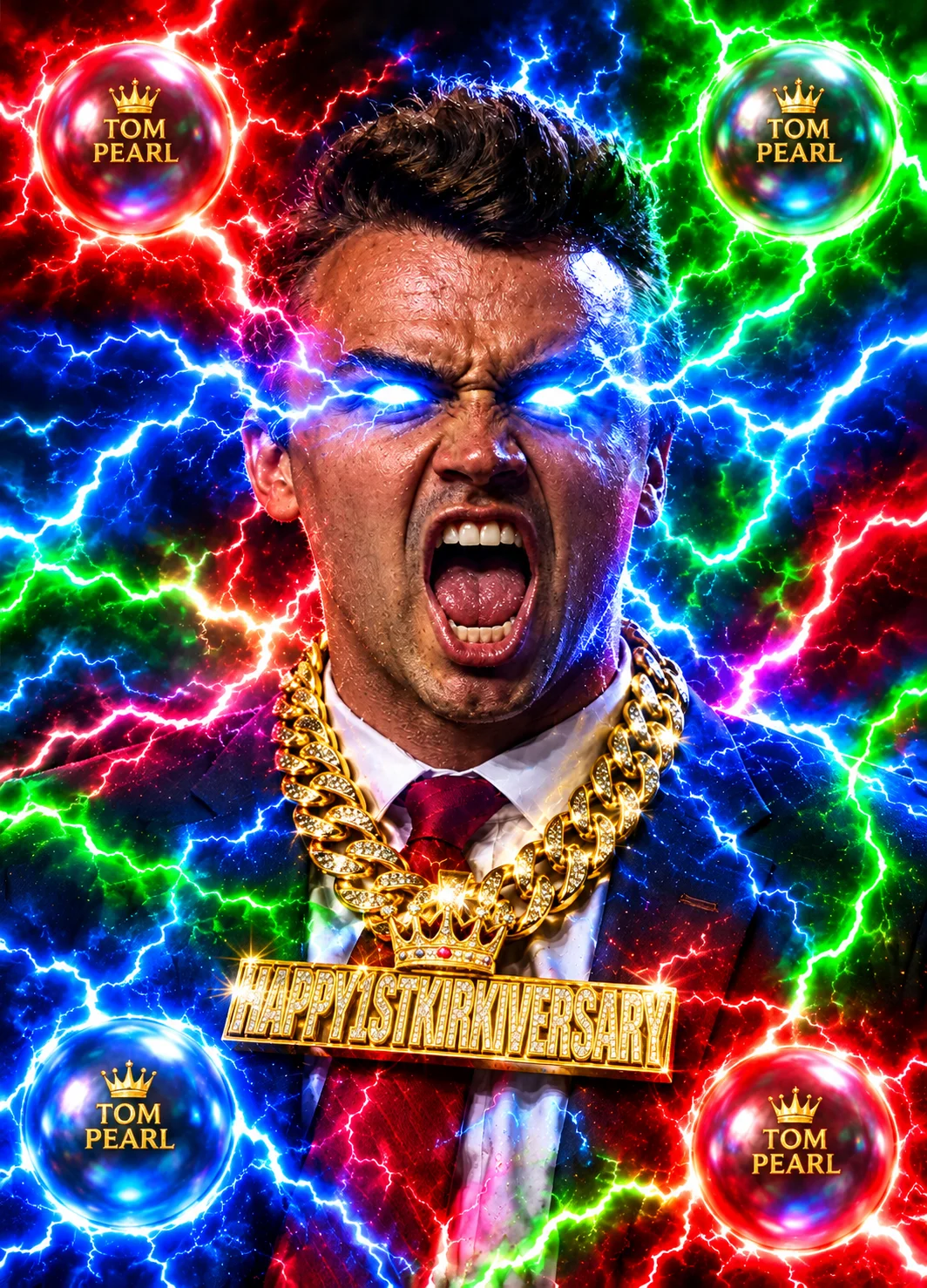 A man with his mouth open and lightning coming out