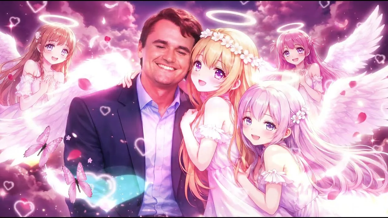 A man in a suit and tie standing next to two angels