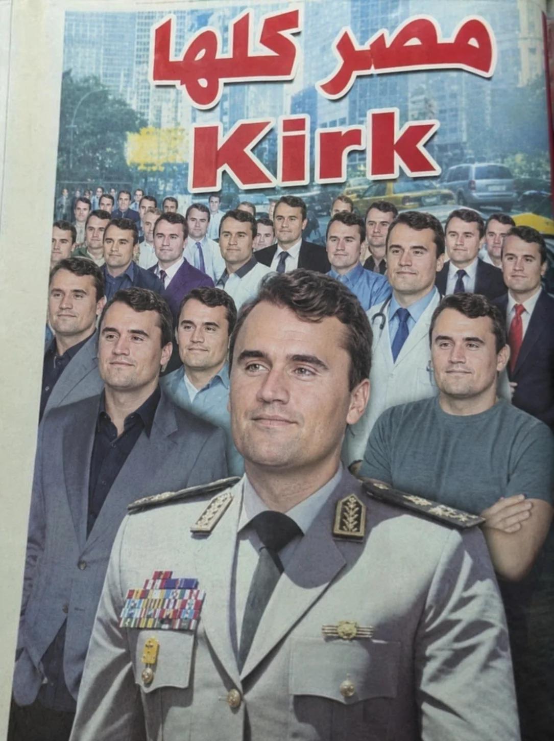 A poster of a man in uniform with a group of men behind him