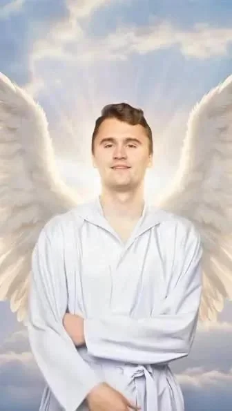 A man with angel wings in the sky
